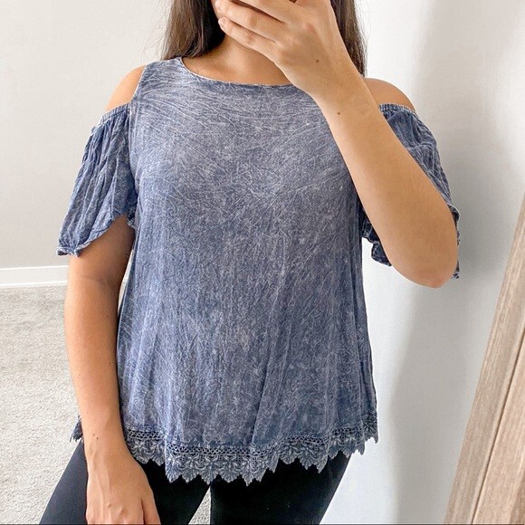 Altar’d State Top Light Blue Acid Stone Wash Crochet Hem Cold Shoulder Blouse - Picture 1 of 9